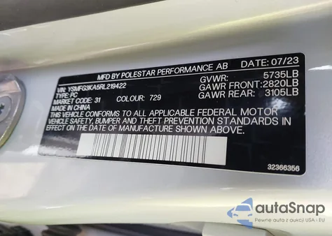 2024 Polestar 2 Long Range Dual Motor Performance Plus z USA, uszkodzony, nr VIN YSMFG3KA5RL219422